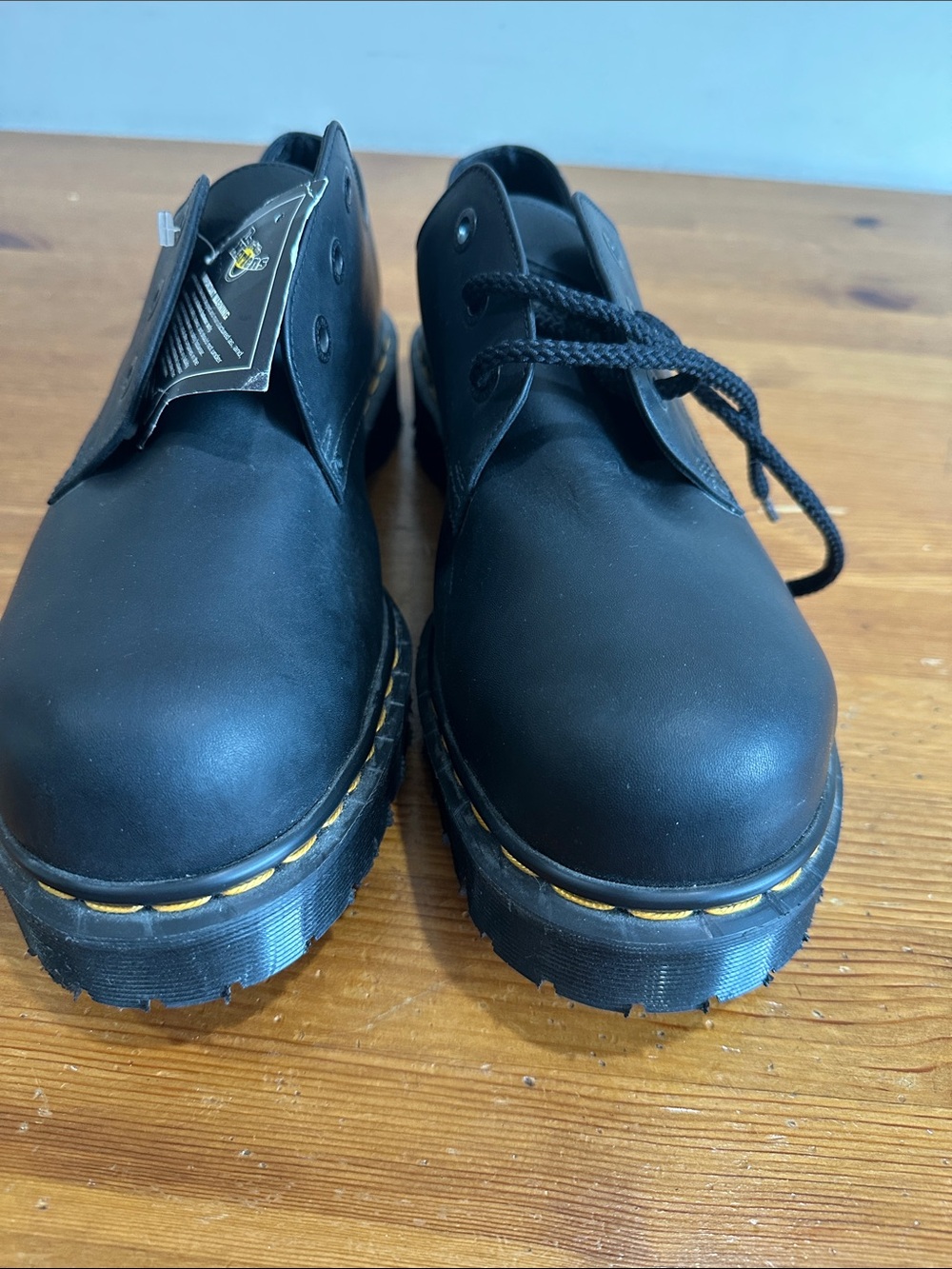 Dr. Martens  Steel Toe Black Leather Loafers with Yellow Stitching Men’s Size 11 - Picture 6 of 9
